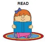 A cartoon girl with an orange bow in her hair sits on a rug and reads a blue book.