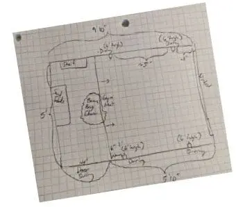 Alex's sketch of a closet with furniture layout and dimensions.