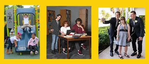 Three scenes: children playing on a playground, students at a desk, and three people posing for a photo.