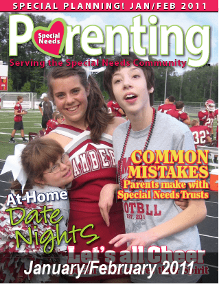Cover of the January/February 2011 Special Needs Parenting magazine featuring three young people on a football field.