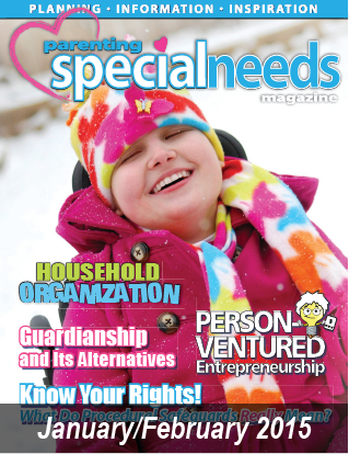 Parenting Special Needs Magazine cover, January/February 2015, featuring a smiling child in winter clothing.