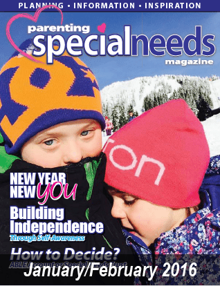 Cover of January/February 2016 issue of Parenting Special Needs Magazine featuring two children in winter hats.
