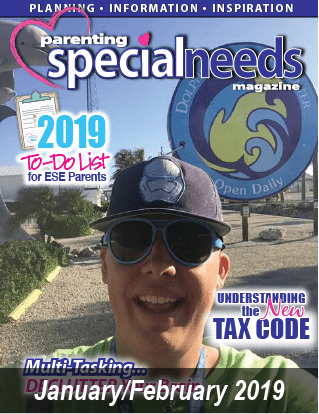 Parenting special needs magazine cover featuring a smiling person wearing a hat and sunglasses