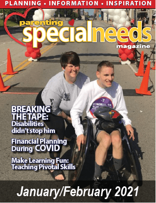 Cover of January/February 2021 issue of Parenting Special Needs Magazine featuring two people at a race.