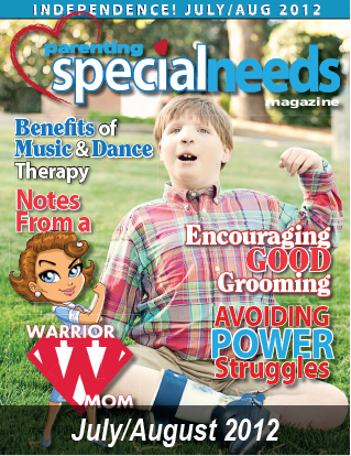 July/August 2012 cover of Parenting Special Needs Magazine featuring a young boy and article headlines.