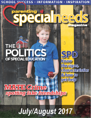 Page cover for the July/August 2017 issue of Parenting Special Needs Magazine featuring a young boy.