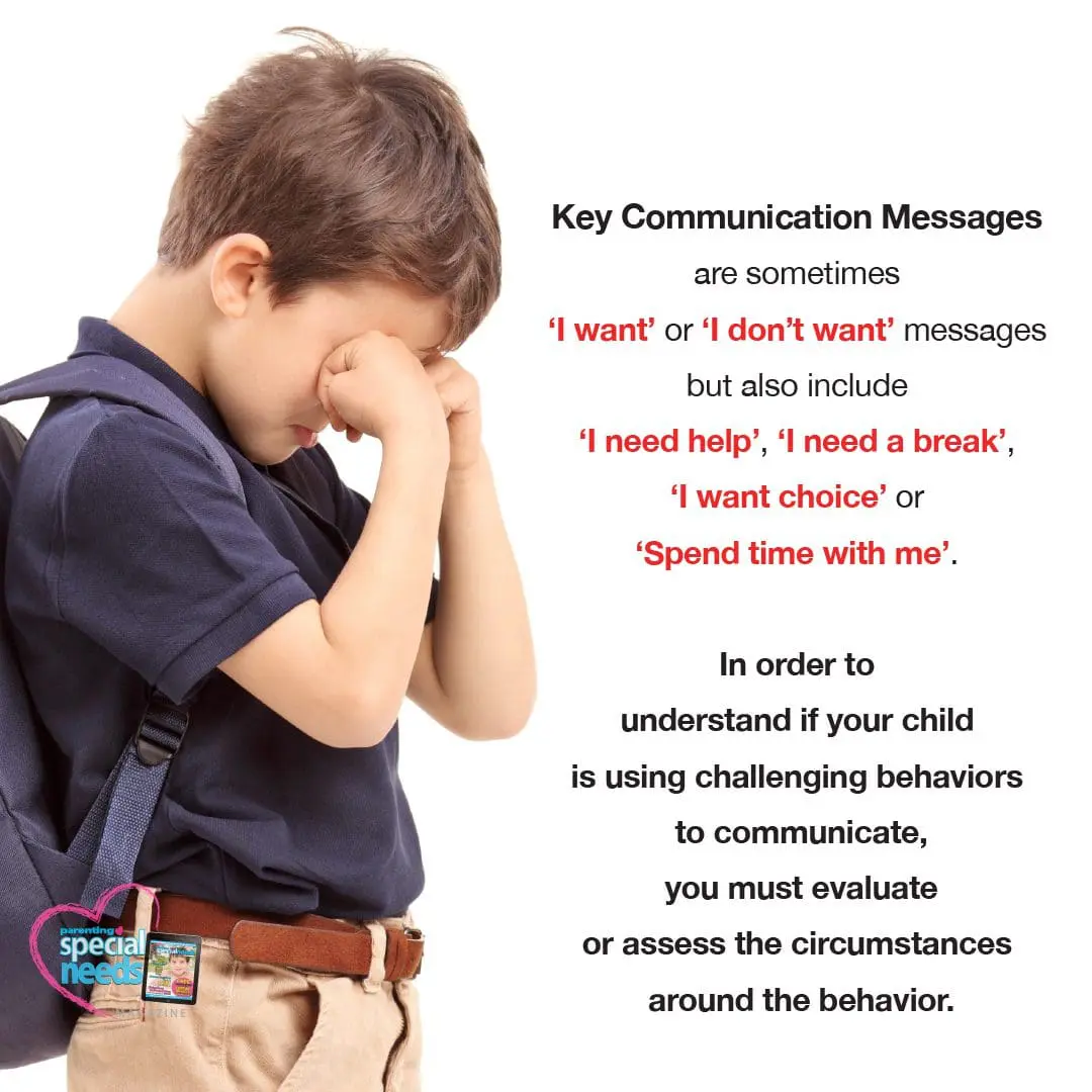 A young boy rubs his eyes while standing next to text about communication messages.
