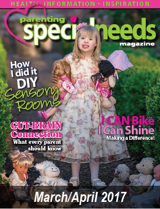 Cover of the March/April 2017 issue of Parenting Special Needs magazine featuring a girl holding dolls in a garden.