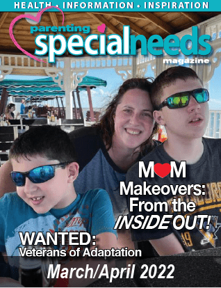 Parenting Special Needs Magazine cover featuring a woman and two boys, March/April 2022.