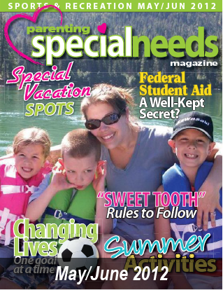Cover of Parenting Special Needs Magazine, May/June 2012 issue, featuring a woman and three children on a boat.