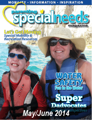 May/June 2014 cover of Special Needs Magazine features a smiling woman and a boy in life vests on the water.