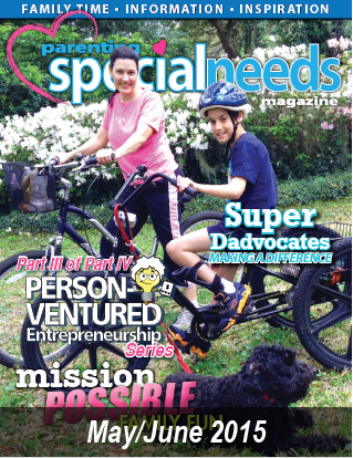 Cover of Parenting Special Needs Magazine, May/June 2015, featuring a woman and child on bicycles.
