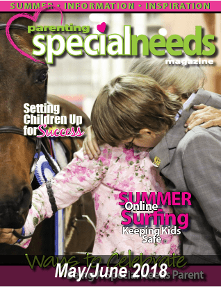May/June 2018 cover of Parenting Special Needs Magazine, featuring a child and adult embracing next to a horse.