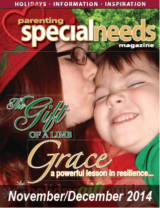 Parenting Special Needs Magazine cover for November/December 2014 featuring a woman kissing a child.