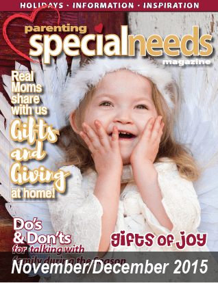 November-December 2015 cover of Parenting Special Needs magazine featuring a child wearing angel wings.
