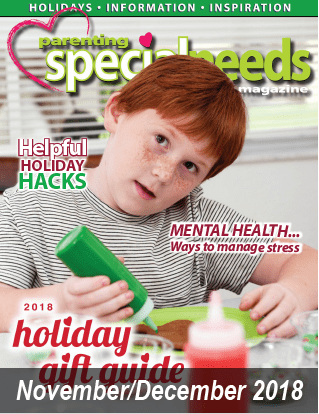 Parenting Special Needs Magazine cover, November/December 2018, featuring a young boy decorating cookies.