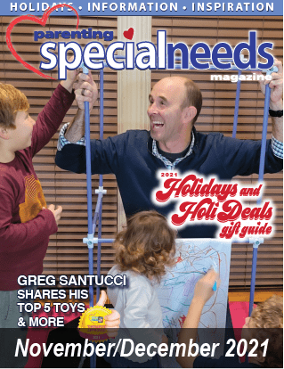 Parenting Special Needs Magazine cover featuring Greg Santucci and children with toys for the November/December 2021 issue.