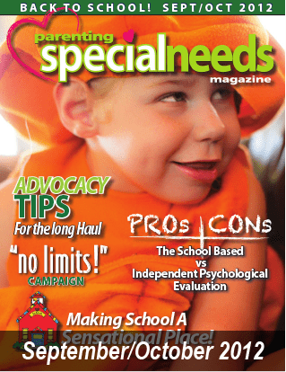 Parenting Special Needs Magazine cover with a child in costume and articles on advocacy and school evaluations.