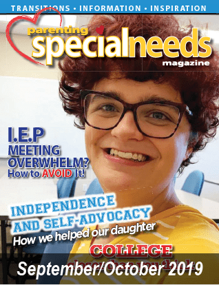 Parenting special needs magazine cover featuring a woman with glasses, dated September/October 2019.