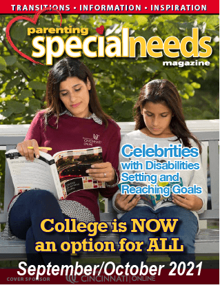 September-October 2021 cover of Parenting Special Needs magazine featuring two people reading on a park bench.