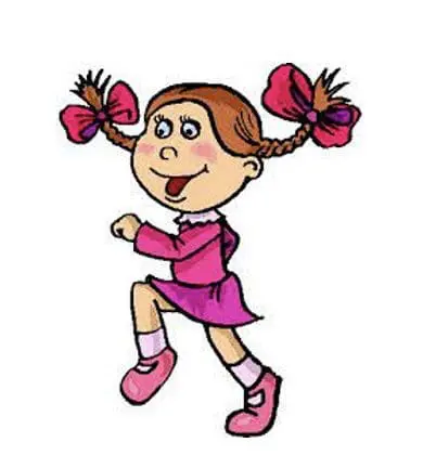 A cartoon girl with pigtails and red bows running.