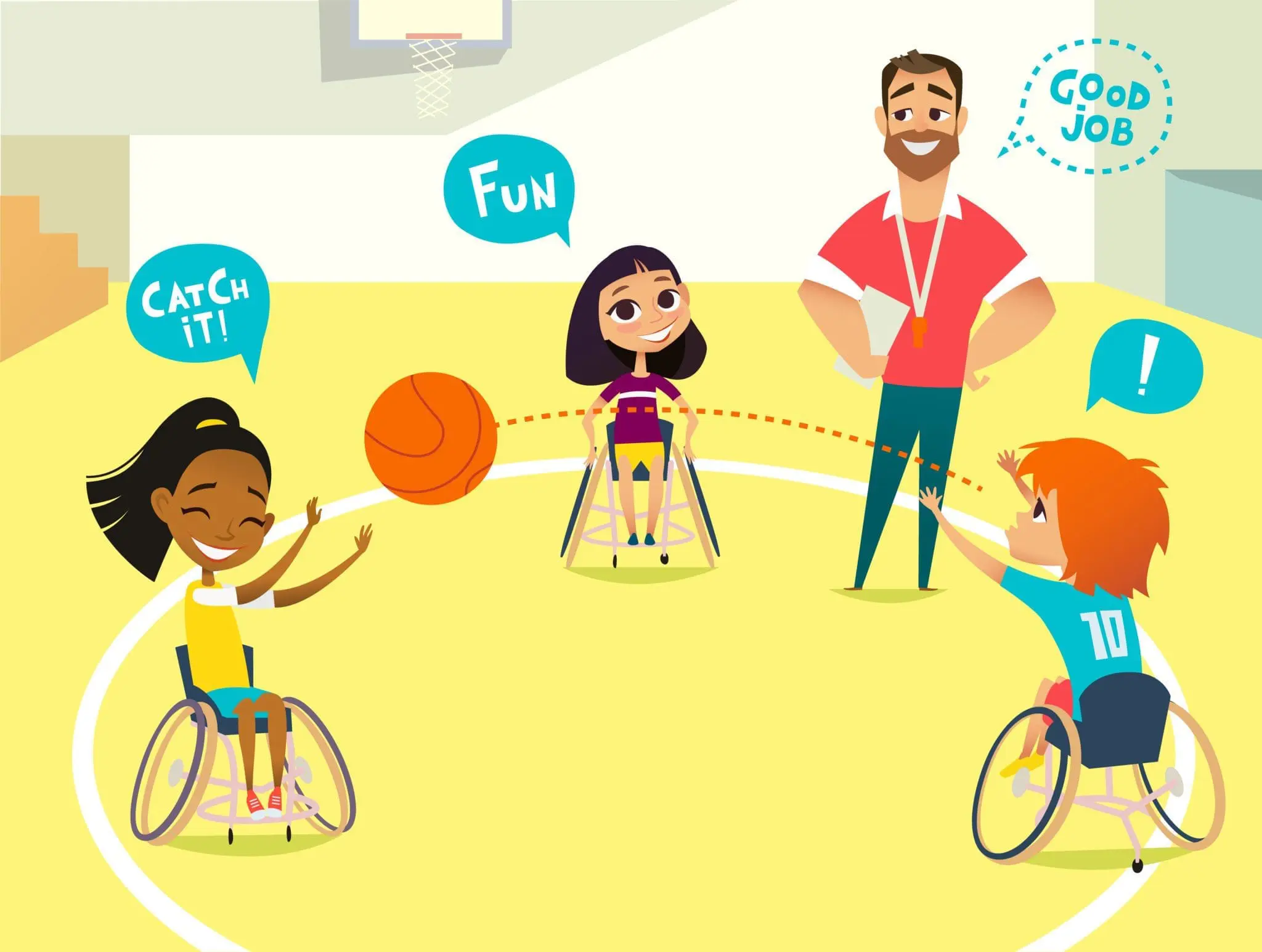 Children in wheelchairs play baseball with a coach.