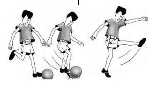 Three sequential drawings show a boy kicking a soccer ball.