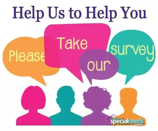 Speech bubbles with text "Please Take our survey" over colorful silhouettes of people.