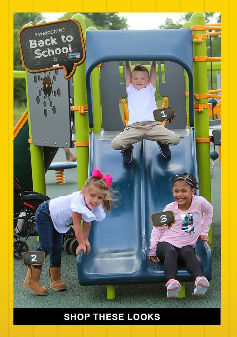 Children playing on a playground slide with "Shop These Looks" at the bottom.