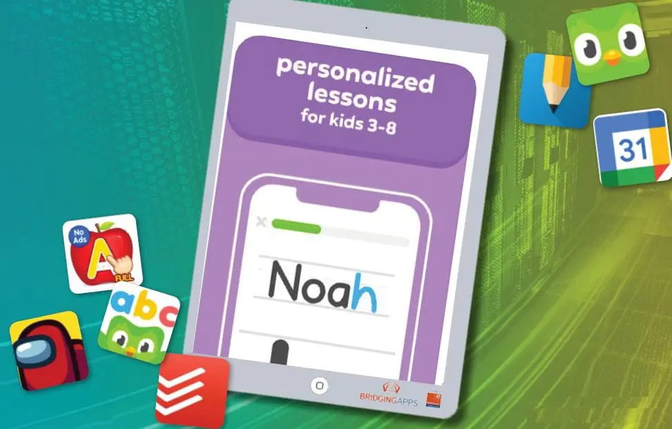 Tablet displaying personalized lessons for kids 3-8, surrounded by app icons.