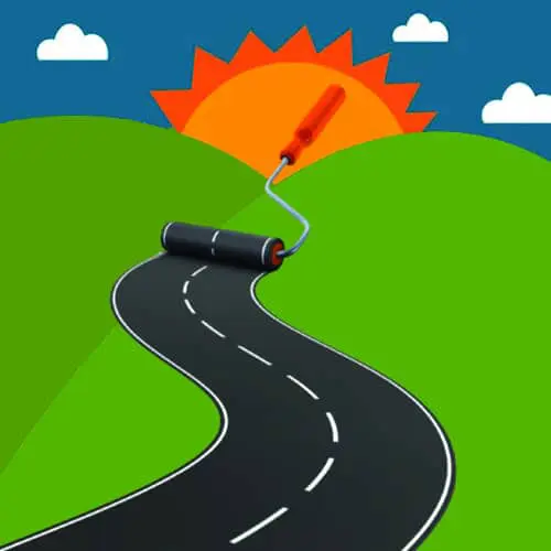 Road painted onto a winding path towards a sun rising over green hills.