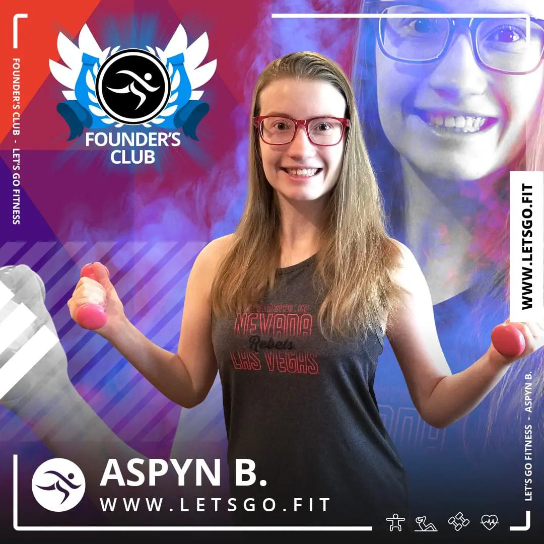 Aspyn Beeson holding pink dumbbells, with a blurred image of another woman in the background.