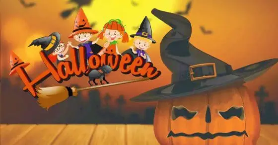Halloween-themed graphic with children, a witch hat, and a jack-o'-lantern