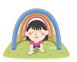 Child crawling through a rainbow tunnel on grassy ground