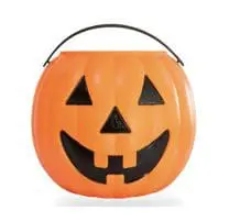 Plastic jack-o'-lantern bucket with a handle.