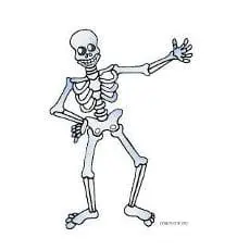 Skeleton with arms outstretched, one hand raised in a wave