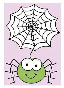 A cartoon spider with a smiley face hangs from a spider web.