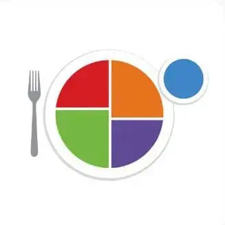 A plate divided into four sections of red, orange, green, and purple, with a fork to the left and a blue circle to the right.