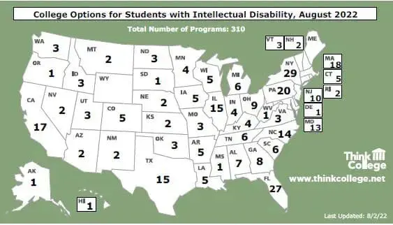 Map of the US showing college options for students with intellectual disability, August 2022.
