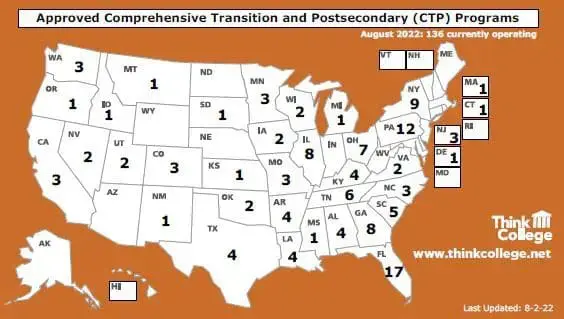 Map showing the number of approved comprehensive transition and postsecondary (CTP) programs by state in the US.