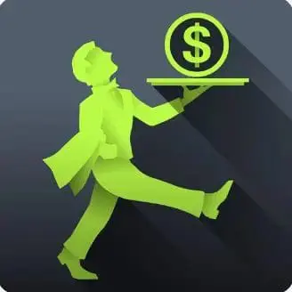 Green silhouette of a person carrying a plate with a dollar coin.