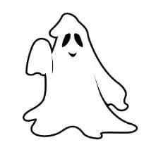 A cartoon ghost with a smiling face waves.