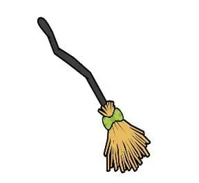 A cartoon witch's broomstick with a black handle and tan bristles tied with a green ribbon.