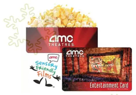 AMC Theatres gift card and popcorn with Sensory Friendly Films logo.