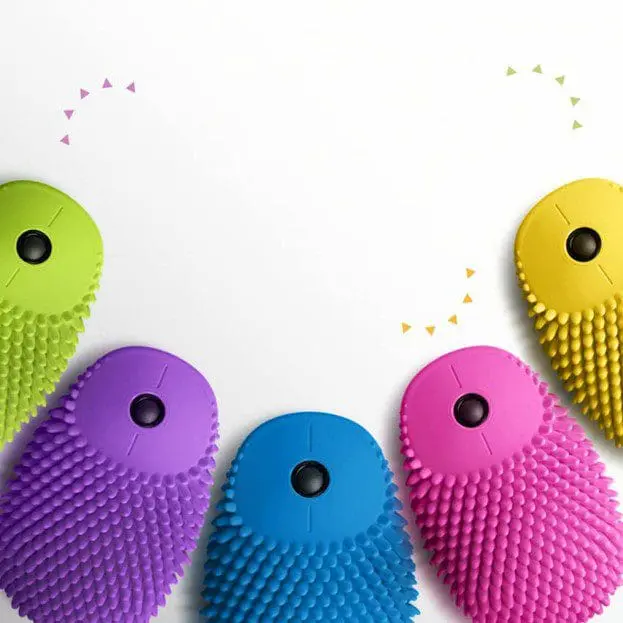 Five colorful sensory brushes arranged in a semi-circle.