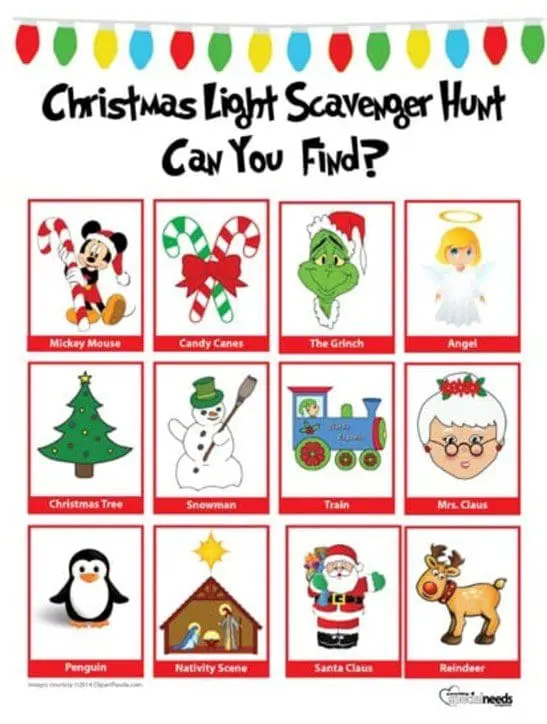 Christmas Light Scavenger Hunt game with images of holiday characters and objects.