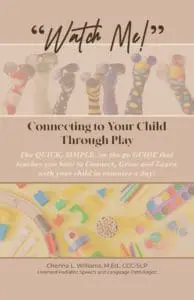 Book cover for "Watch Me! Connecting to Your Child Through Play" featuring sock puppets and children's toys.