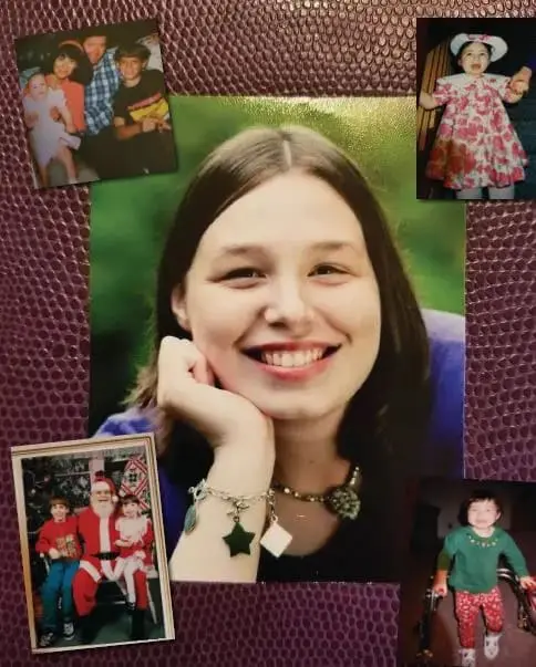 Ginny Garrity smiling with a collage of family photos.