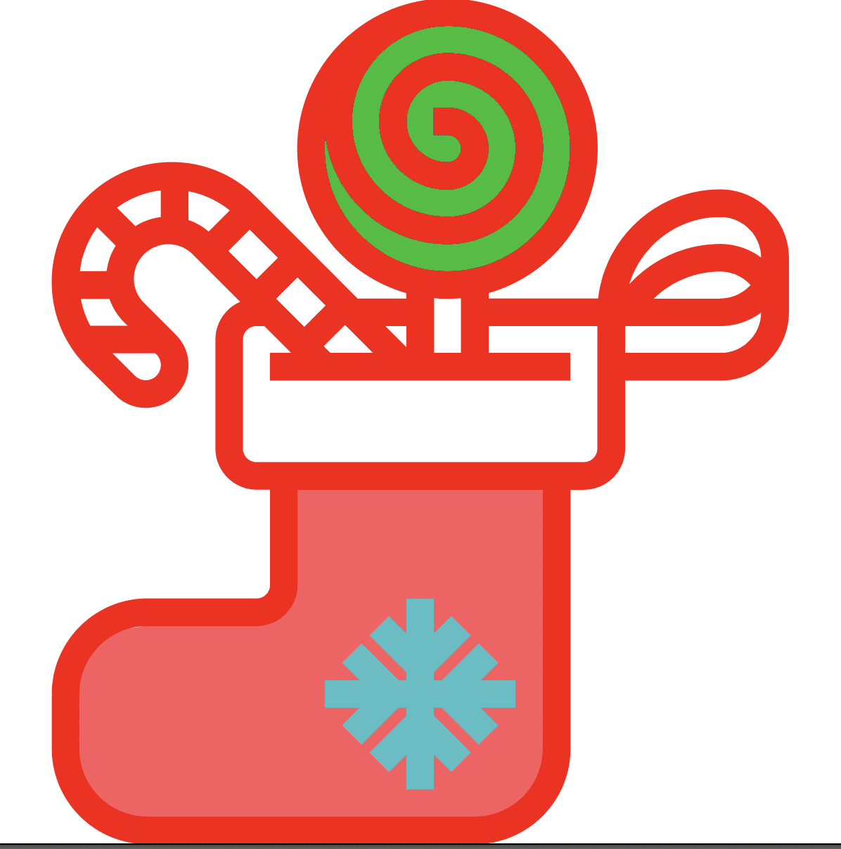 Red and light blue holiday stocking with a lollipop and candy cane.