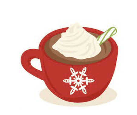 Red mug with a snowflake design filled with hot chocolate topped with whipped cream and a spoon.